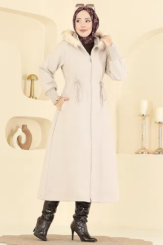 moda selvim Beli Bağcıklı Kaşe Kaban 6265BSK463 Bej - Thumbnail