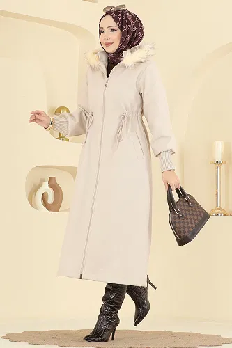 moda selvim Beli Bağcıklı Kaşe Kaban 6265BSK463 Bej - Thumbnail