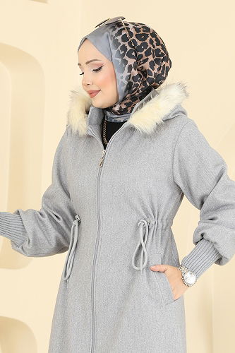 moda selvim Beli Bağcıklı Kaşe Kaban 6265BSK463 Gri - Thumbnail