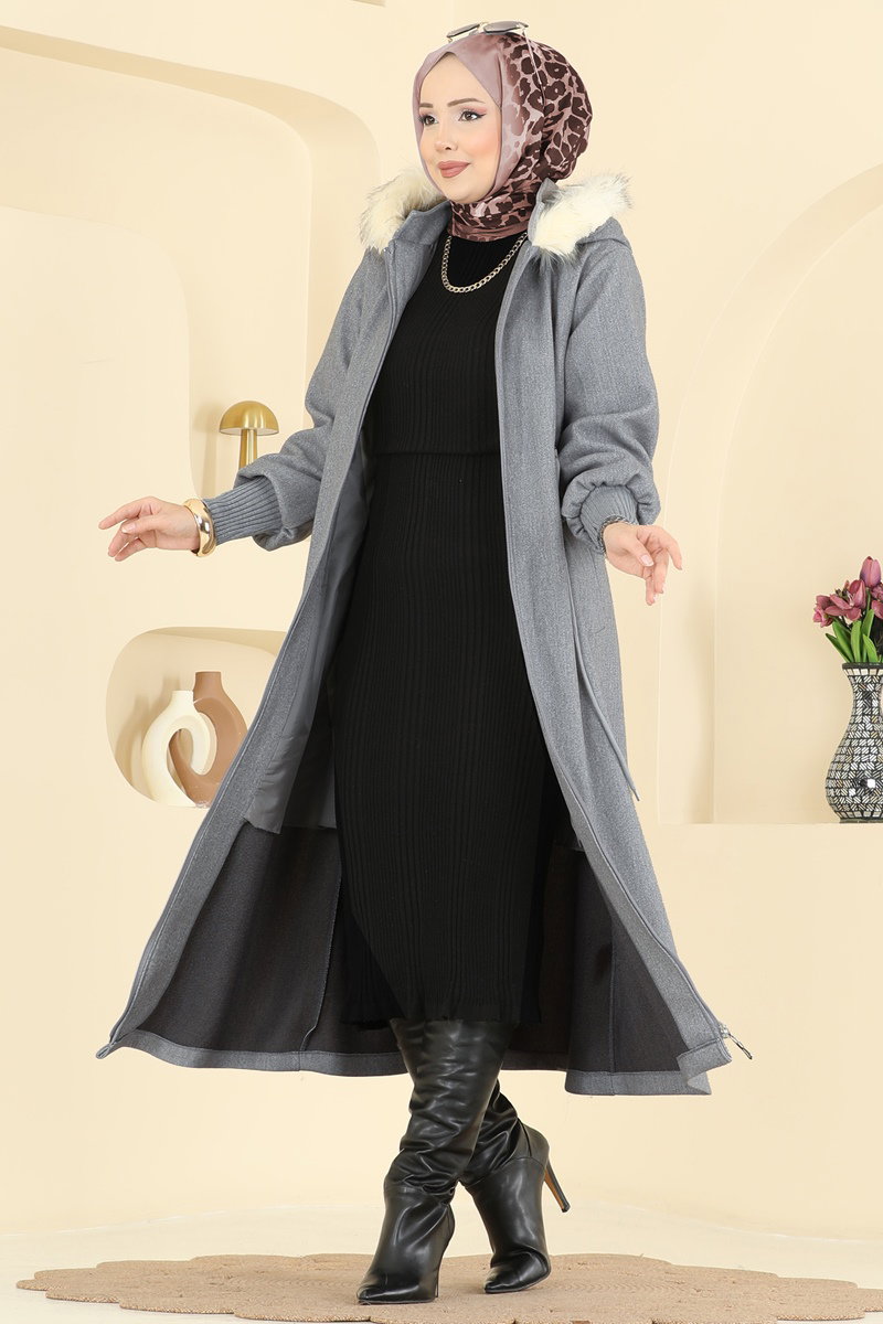 Beli Bağcıklı Kaşe Kaban 6265BSK463 Koyu Gri