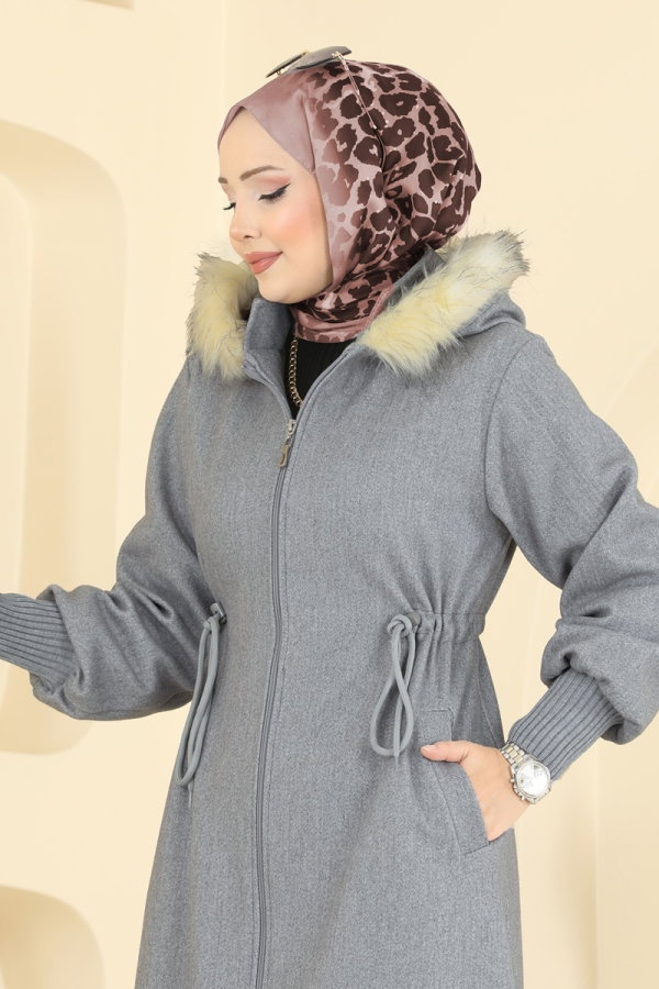 Beli Bağcıklı Kaşe Kaban 6265BSK463 Koyu Gri - Moda Selvim