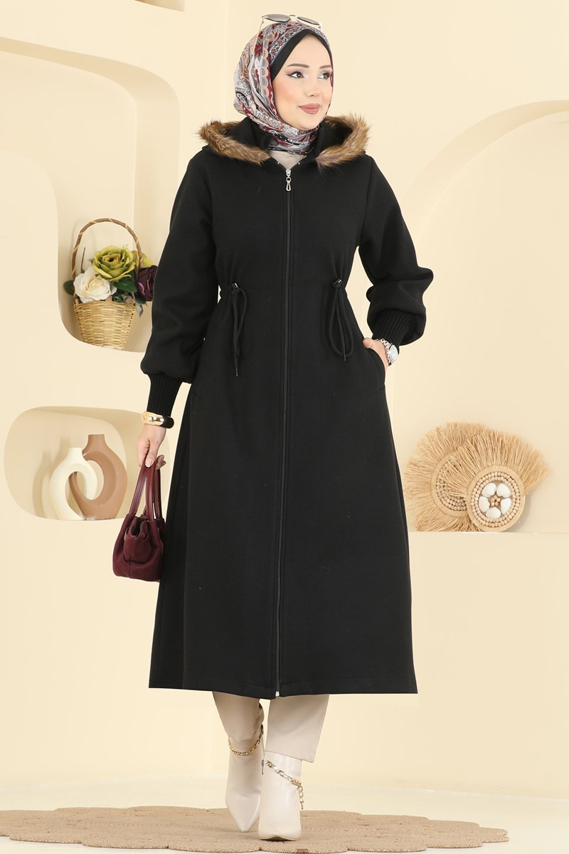 Beli Bağcıklı Kaşe Kaban 6265BSK463 Siyah
