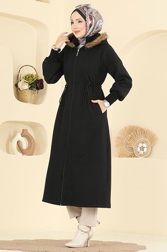 moda selvim Beli Bağcıklı Kaşe Kaban 6265BSK463 Siyah - Thumbnail