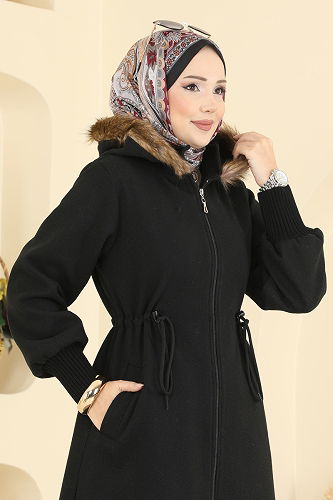 moda selvim Beli Bağcıklı Kaşe Kaban 6265BSK463 Siyah - Thumbnail