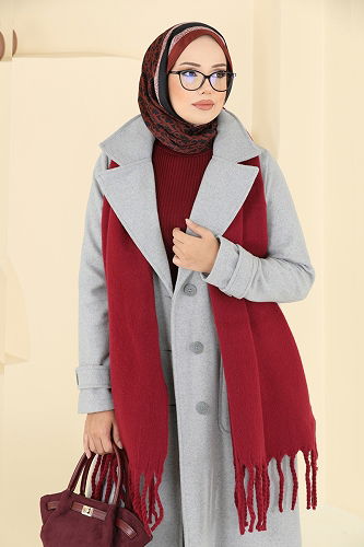 moda selvim Beli Bağcıklı Kaşe Kaban 7021TRT545 Gri - Thumbnail