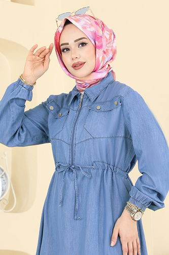 moda selvim Beli Bağcıklı Kot Elbise 1110MSA980 Açık Kot - Thumbnail