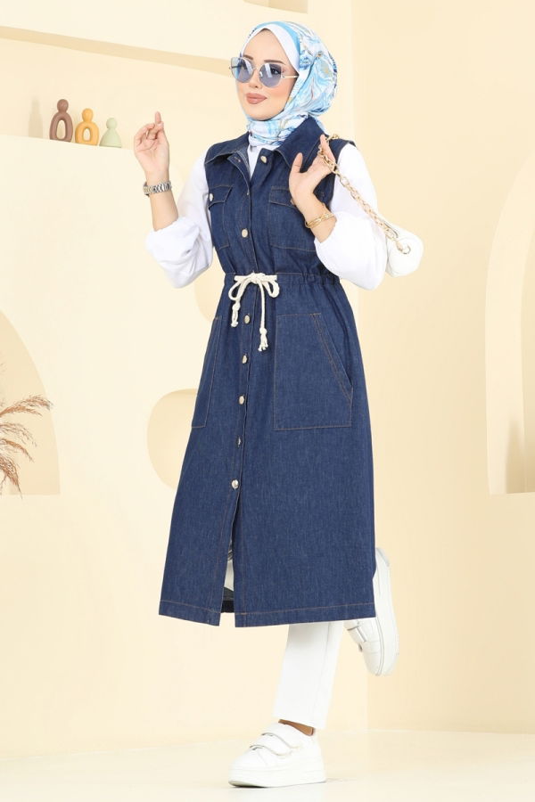 Modaselvim Yelek Beli Bağcıklı Kot Yelek 9156PLK541 Koyu Kot