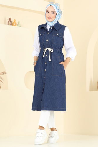 moda selvim Beli Bağcıklı Kot Yelek 9156PLK541 Koyu Kot - Thumbnail