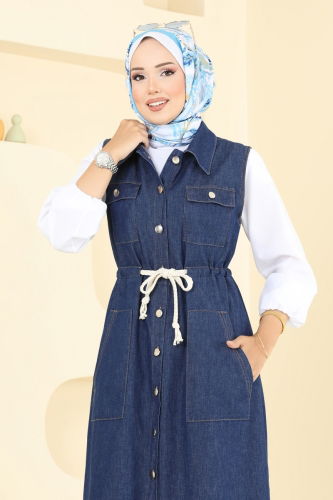 moda selvim Beli Bağcıklı Kot Yelek 9156PLK541 Koyu Kot - Thumbnail
