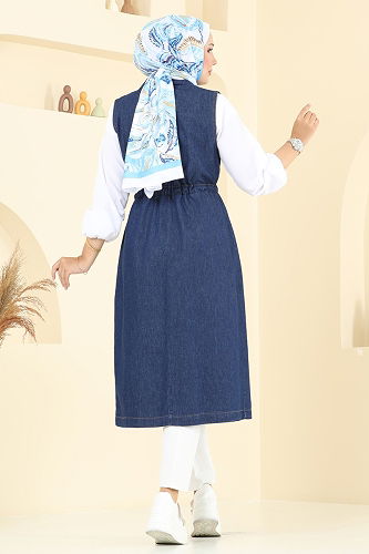 moda selvim Beli Bağcıklı Kot Yelek 9156PLK541 Koyu Kot - Thumbnail