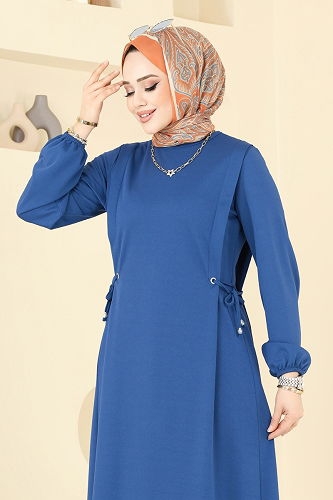 moda selvim Beli Bağcıklı Krep Elbise 23001UKB139 İndigo - Thumbnail