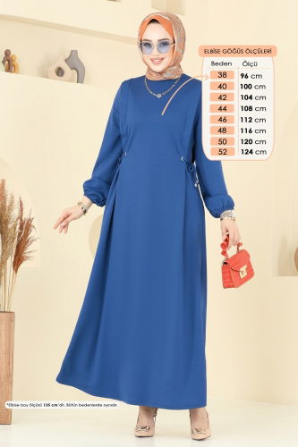 moda selvim Beli Bağcıklı Krep Elbise 23001UKB139 İndigo - Thumbnail