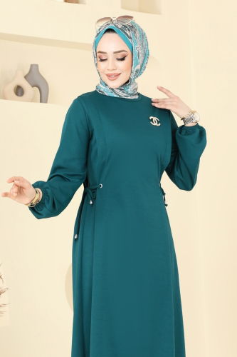 moda selvim Beli Bağcıklı Krep Elbise 23001UKB139 Petrol - Thumbnail