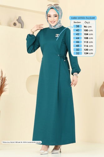 moda selvim Beli Bağcıklı Krep Elbise 23001UKB139 Petrol - Thumbnail