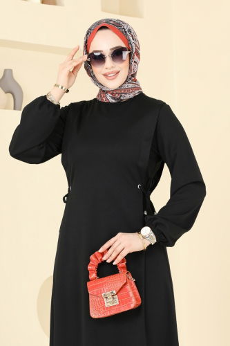 moda selvim Beli Bağcıklı Krep Elbise 23001UKB139 Siyah - Thumbnail