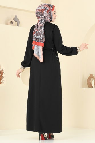 moda selvim Beli Bağcıklı Krep Elbise 23001UKB139 Siyah - Thumbnail