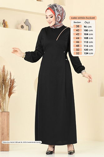 moda selvim Beli Bağcıklı Krep Elbise 23001UKB139 Siyah - Thumbnail