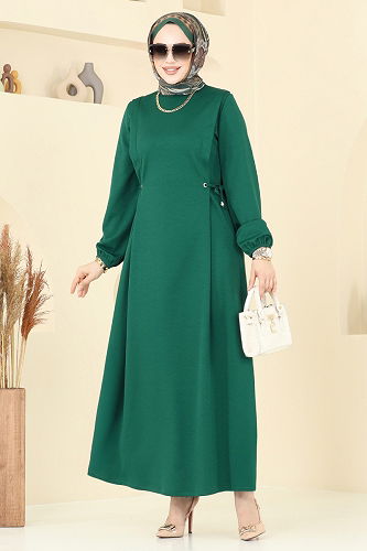 moda selvim Beli Bağcıklı Krep Elbise 23001UKB139 Zümrüt - Thumbnail