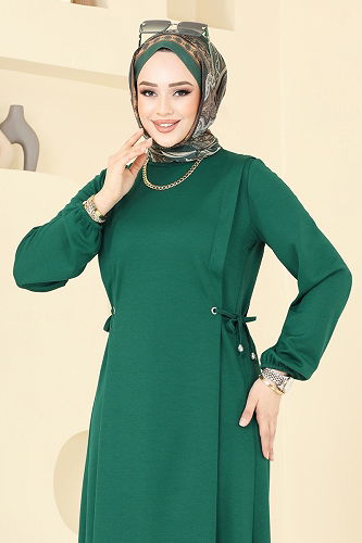 moda selvim Beli Bağcıklı Krep Elbise 23001UKB139 Zümrüt - Thumbnail