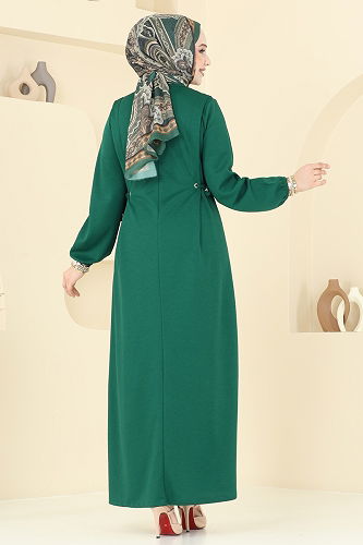 moda selvim Beli Bağcıklı Krep Elbise 23001UKB139 Zümrüt - Thumbnail