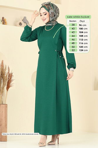 moda selvim Beli Bağcıklı Krep Elbise 23001UKB139 Zümrüt - Thumbnail