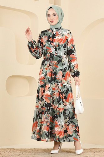 moda selvim Beli Bağcıklı Modal Elbise 178NZRK1200 Haki - Thumbnail