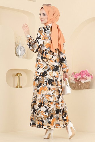 moda selvim Beli Bağcıklı Modal Elbise 178NZRK1200 Kahve - Thumbnail