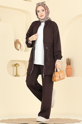 moda selvim Beli Bağcıklı Modal Takım 4459BRZ597 Acı Kahve - Thumbnail