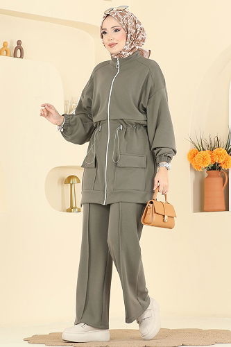 moda selvim Beli Bağcıklı Modal Takım 4459BRZ597 Açık Haki - Thumbnail