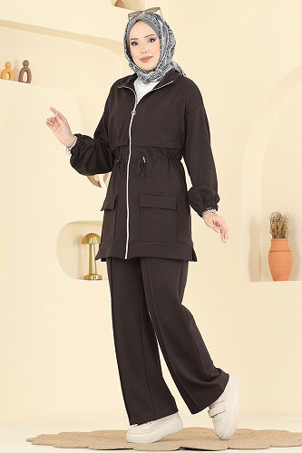 moda selvim Beli Bağcıklı Modal Takım 4459BRZ597 Açık Kahve - Thumbnail