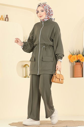 moda selvim Beli Bağcıklı Modal Takım 4459BRZ597 Haki - Thumbnail