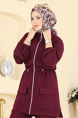 moda selvim Beli Bağcıklı Modal Takım 4459BRZ597 Mürdüm - Thumbnail