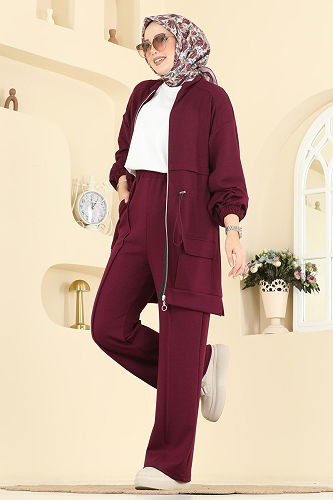 moda selvim Beli Bağcıklı Modal Takım 4459BRZ597 Mürdüm - Thumbnail