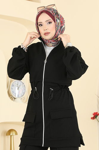 moda selvim Beli Bağcıklı Modal Takım 4459BRZ597 Siyah - Thumbnail