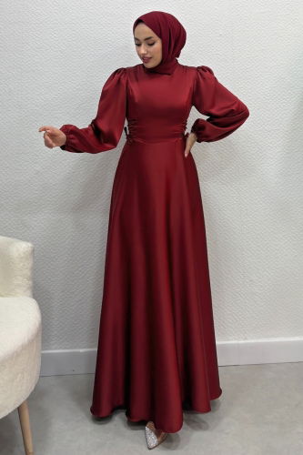 moda selvim Beli Bağcıklı Saten Abiye 4637ALG474 Bordo - Thumbnail