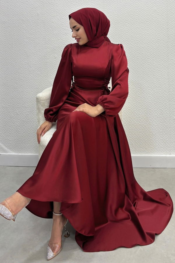 Modaselvim ABİYE Beli Bağcıklı Saten Abiye 4637ALG474 Bordo