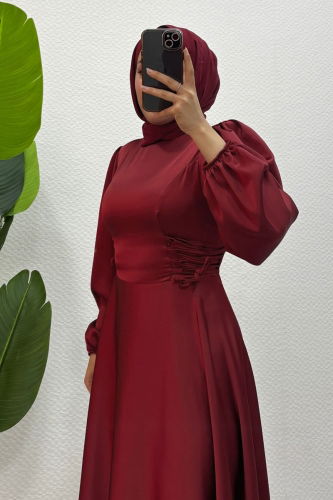 moda selvim Beli Bağcıklı Saten Abiye 4637ALG474 Bordo - Thumbnail