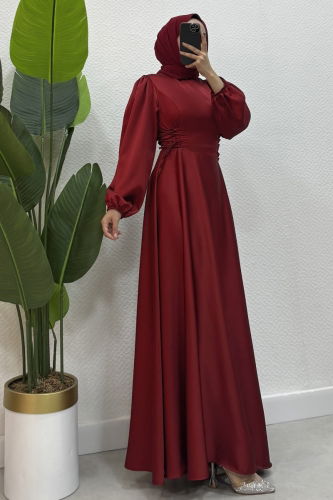 moda selvim Beli Bağcıklı Saten Abiye 4637ALG474 Bordo - Thumbnail