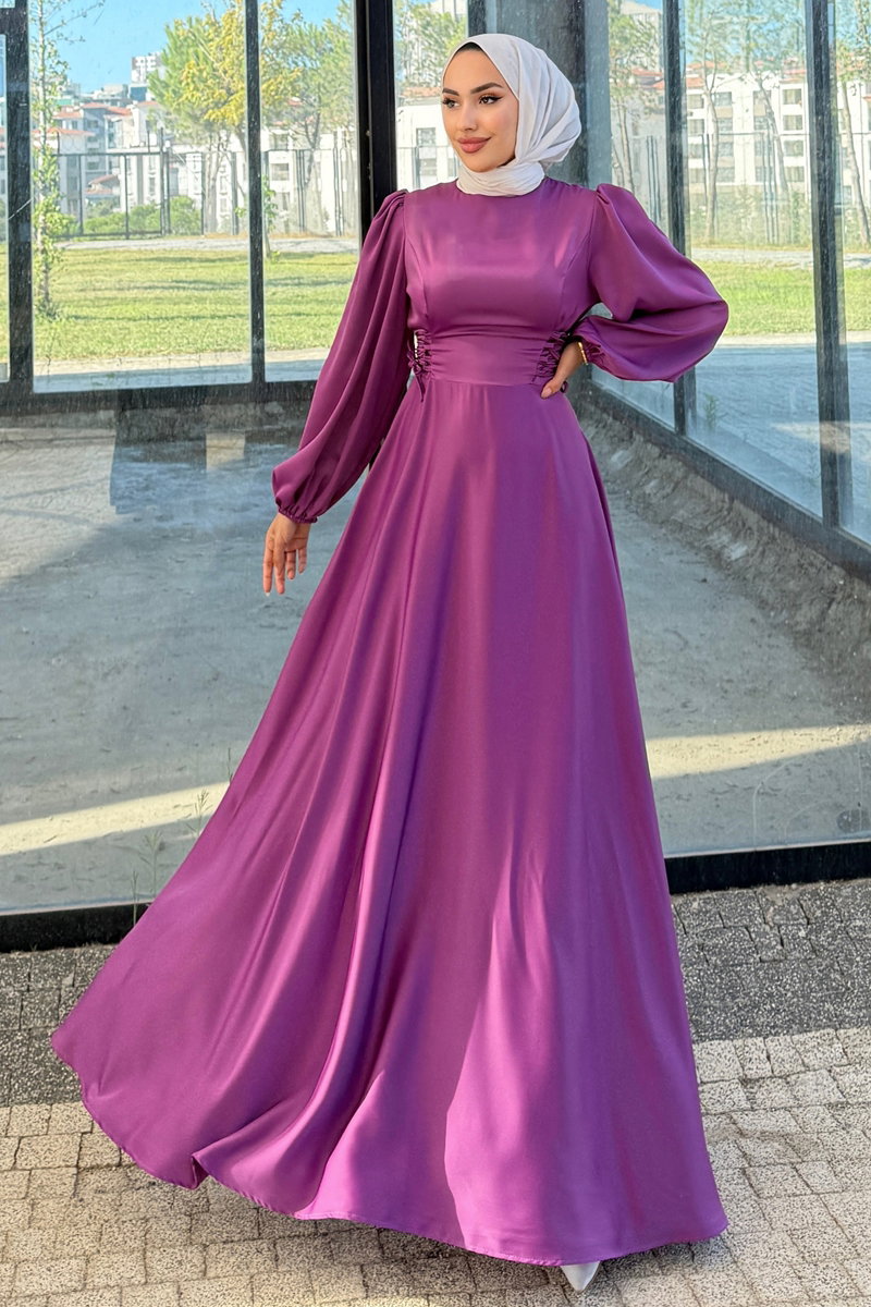 Beli Bağcıklı Saten Abiye 4637ALG474 Koyu Lila