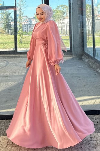 A.L.G. - Beli Bağcıklı Saten Abiye 4637ALG474 Koyu Pudra Vizyon