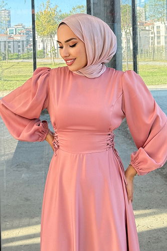 moda selvim Beli Bağcıklı Saten Abiye 4637ALG474 Koyu Pudra Vizyon - Thumbnail