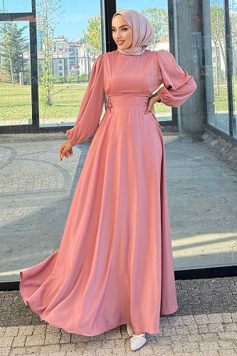 moda selvim Beli Bağcıklı Saten Abiye 4637ALG474 Koyu Pudra Vizyon - Thumbnail