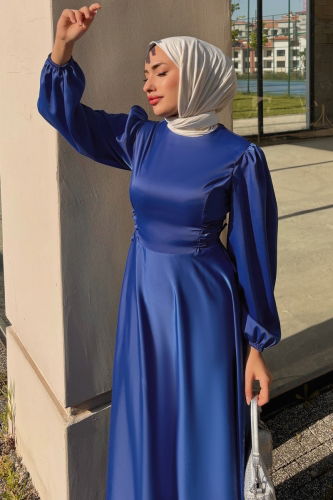 moda selvim Beli Bağcıklı Saten Abiye 4637ALG474 Saks - Thumbnail