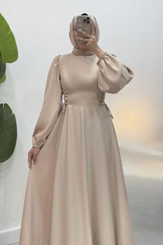 moda selvim Beli Bağcıklı Saten Abiye 4637ALG474 Taş - Thumbnail