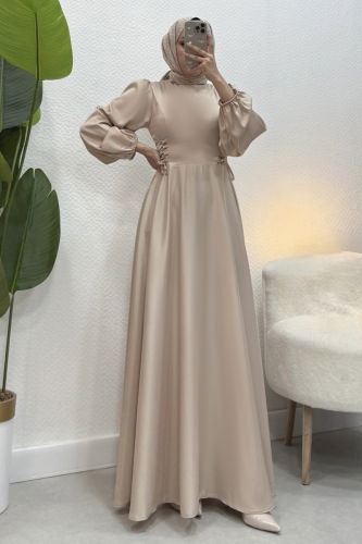 moda selvim Beli Bağcıklı Saten Abiye 4637ALG474 Taş - Thumbnail