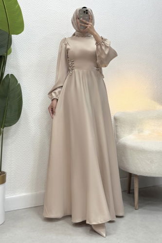 moda selvim Beli Bağcıklı Saten Abiye 4637ALG474 Taş - Thumbnail