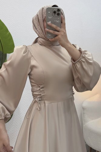 moda selvim Beli Bağcıklı Saten Abiye 4637ALG474 Taş - Thumbnail