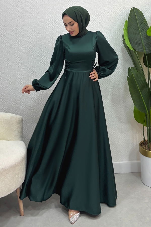 Modaselvim ABİYE Beli Bağcıklı Saten Abiye 4637ALG474 Zümrüt