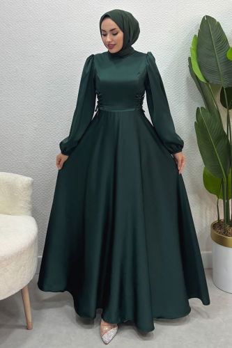 moda selvim Beli Bağcıklı Saten Abiye 4637ALG474 Zümrüt - Thumbnail