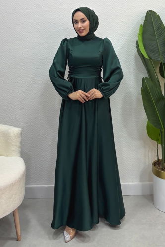 moda selvim Beli Bağcıklı Saten Abiye 4637ALG474 Zümrüt - Thumbnail